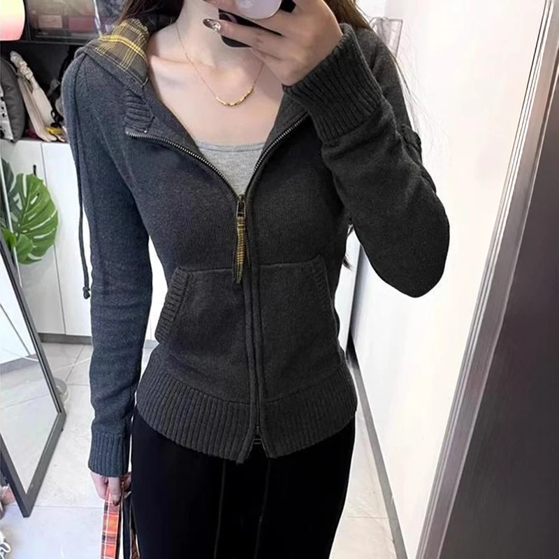 

Корейский эластичный утягивающий кардиган с капюшоном, женский ретро универсальный толстовка с двойной молнией, куртка, осенняя повседневная теплая вязаная куртка, кардиганы