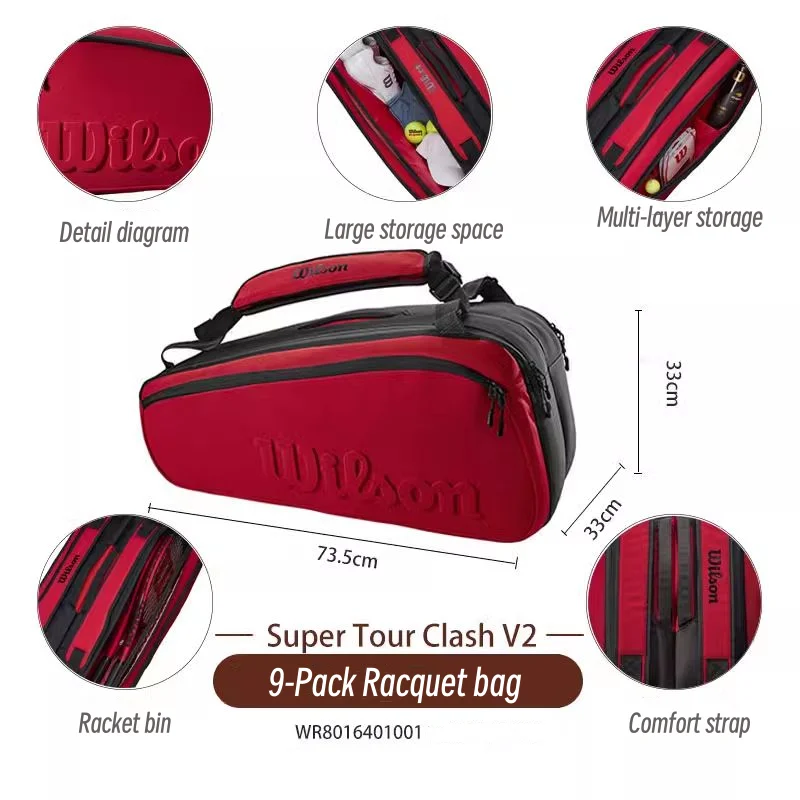 Wilson Super Tour CLASH V2 Tennis Racquet Bag 9-Pack Large Capacity Portable Tennis Backpack Red Thermoguard Large Accessory Bag