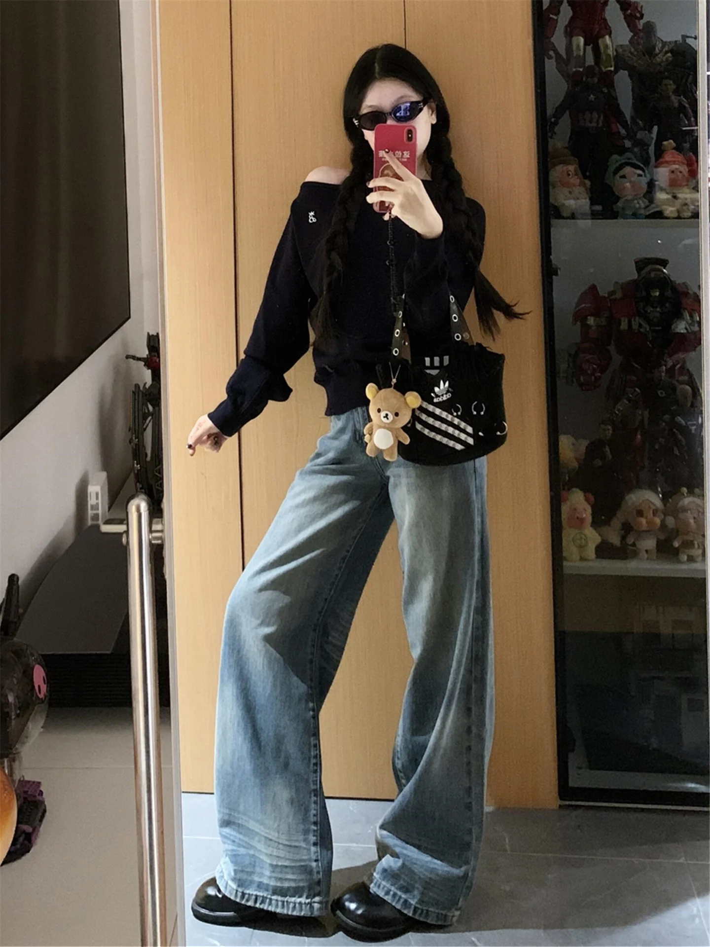 

Retro American Mid-Low Waist Straight Leg Jeans Women's Loose Slimming Design Tall Extended Wide Leg Pants Casual Cotton