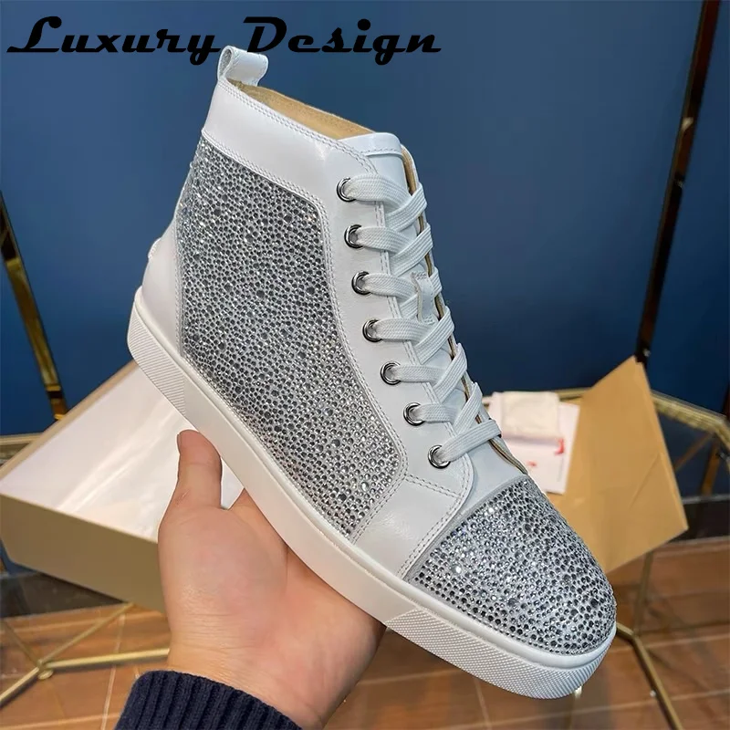 Luxury Red Bottom Shoes Accessories Shoes High Top Full Diamond Men\'s Shoes Black Suede Rhinestone Couple Models Rivet High-top