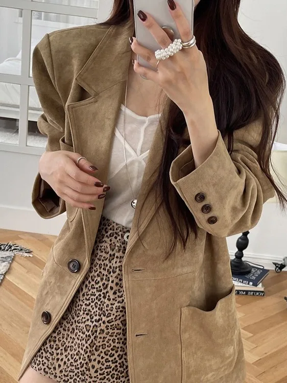 Chaleco de ante elegante, traje informal para mujer, Jaet, un solo botón, suelto, Vintage, Sle, Faion coreano, largo, Sve Busin, para ir al trabajo