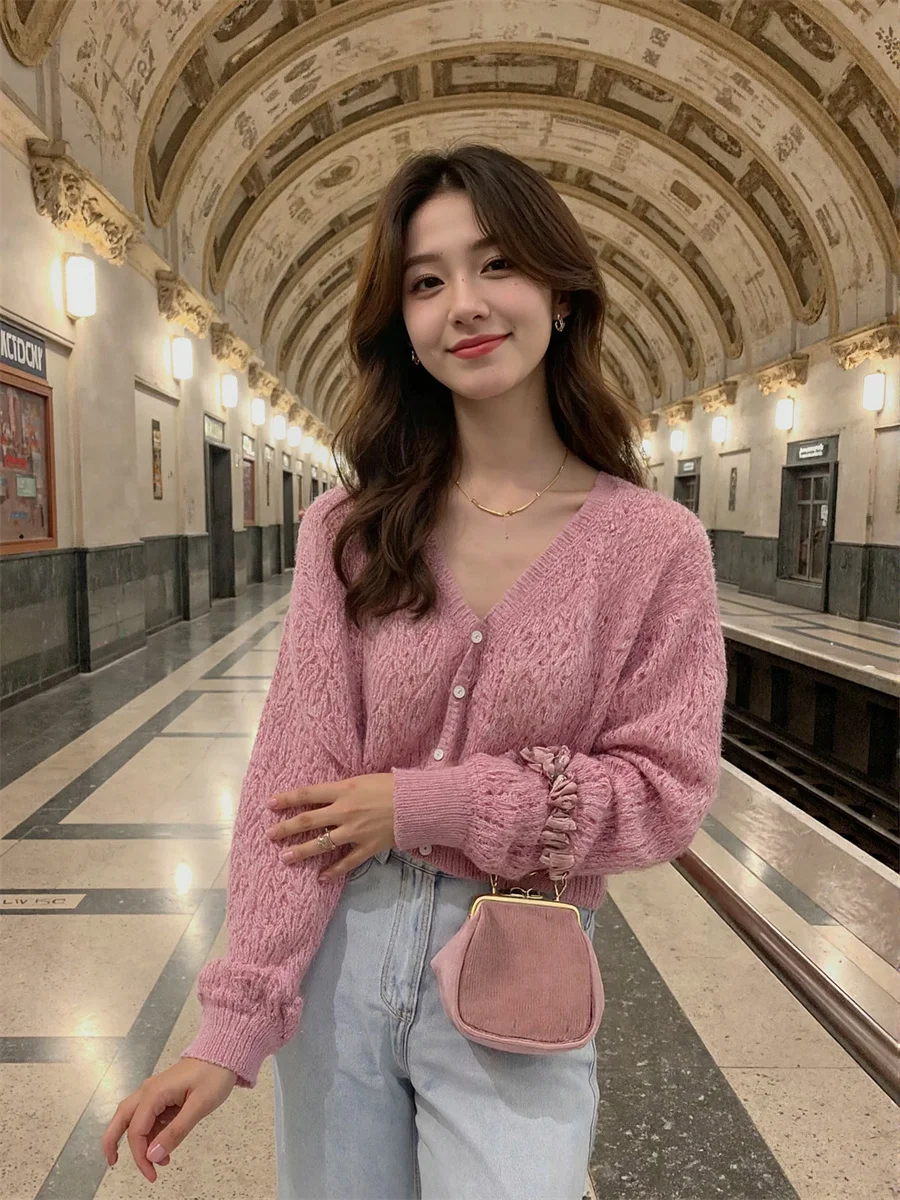 Cárdigans de estilo coreano ahuecados, suéteres lisos con cuello en V, jerséis, ropa para mujer en otoño, longitud larga de gran tamaño