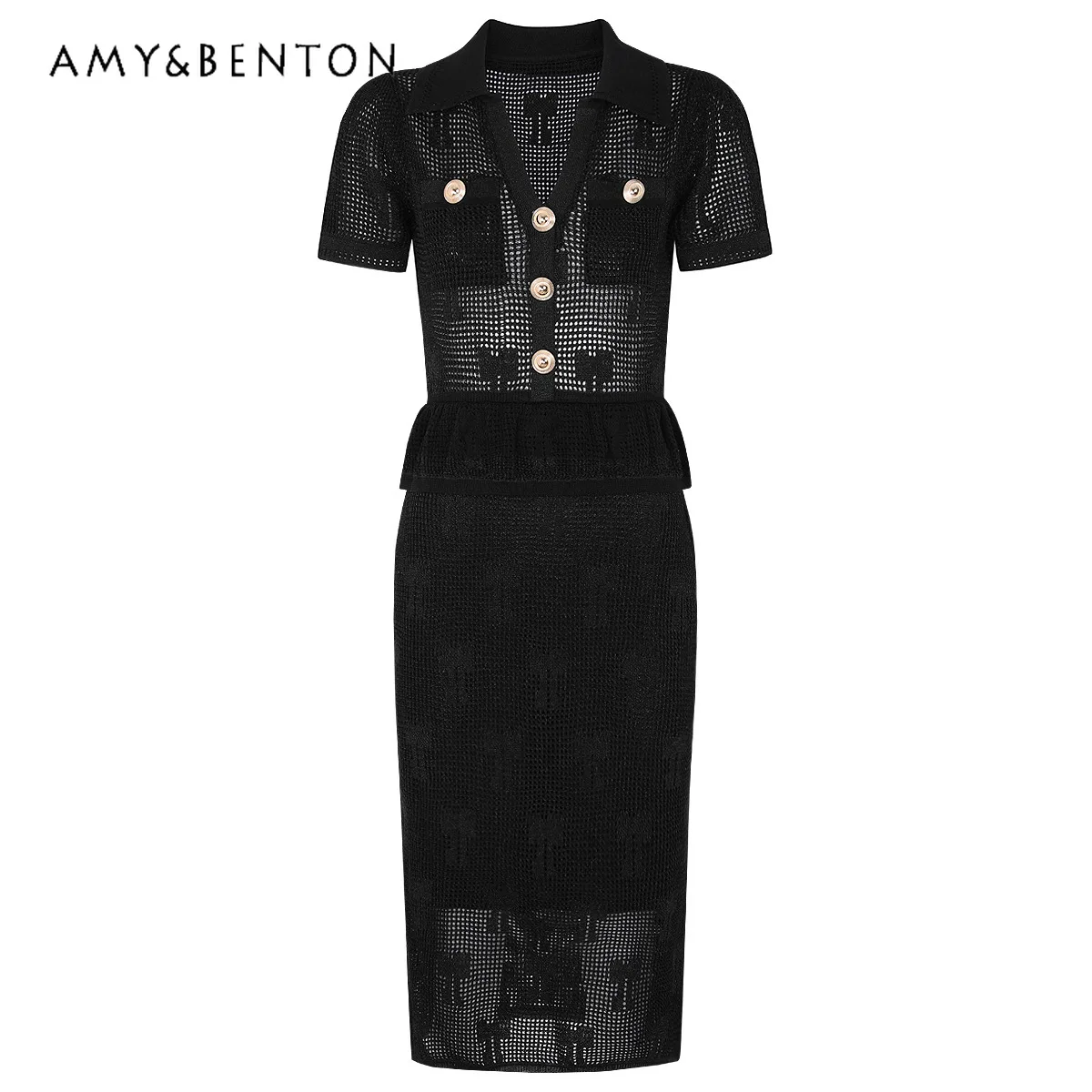 

European American Summer New Women's Knitted Dress Original Design Black Collared Elegant Slimming Short-sleeve Dresses Ladies