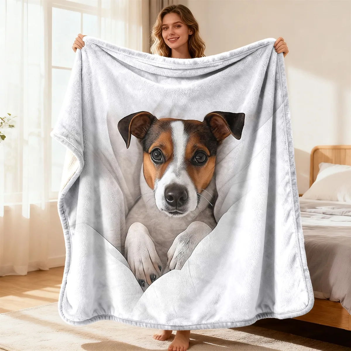 Cute Jack Russell in White Practical Cozy Flannel Noon Break Blanket with Trendy Printing Warm and Ultra-Comfortable Ultra Warm Ideal Home Decor Piece Perfect for Bedroom or Gift for Parents Easy to Machine Wash Durable and Home Decor Friendly Makin