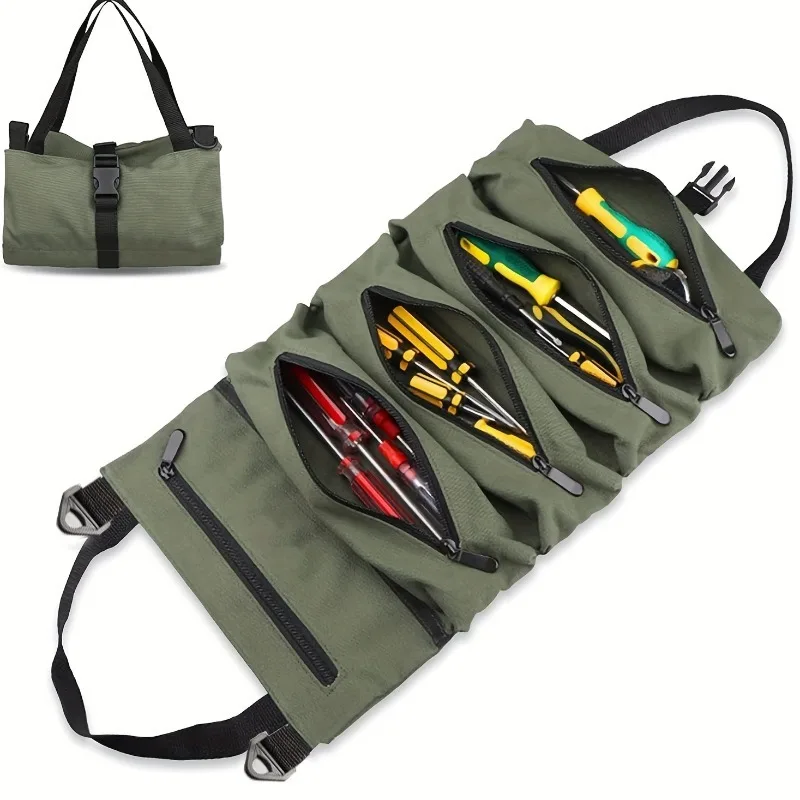 1pc Tool Roll, Multi-Purpose Roll Up Tool Bag, Car First Aid Kit Wrap Roll Storage Case, Hanging Tool Zipper Carrier Tote