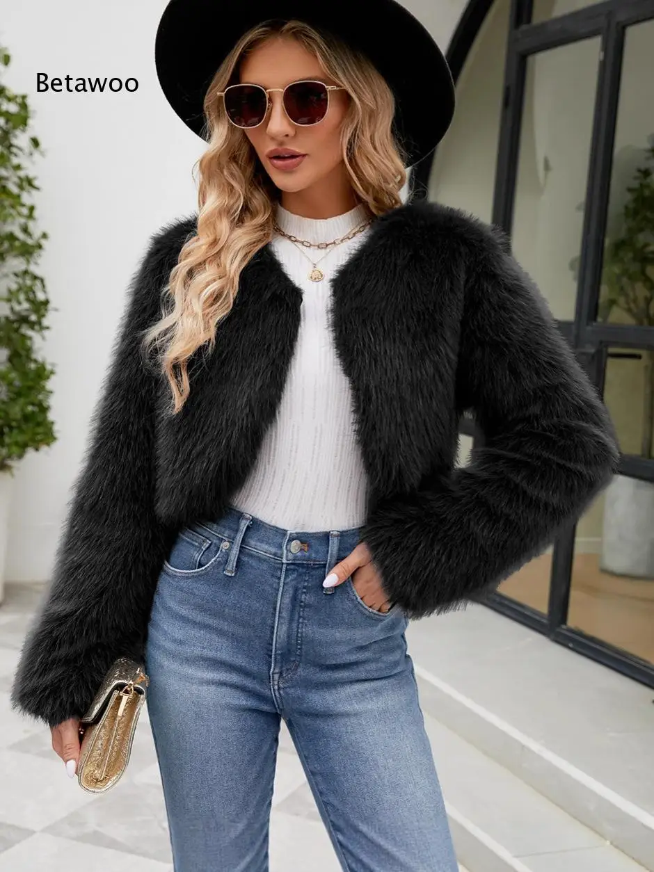 Oversized Fluffy Faux Fur Crop Coat Crew Neck Open Front Loose Long Sleeve Plush Short Outerwear Versatile Winter Jacket