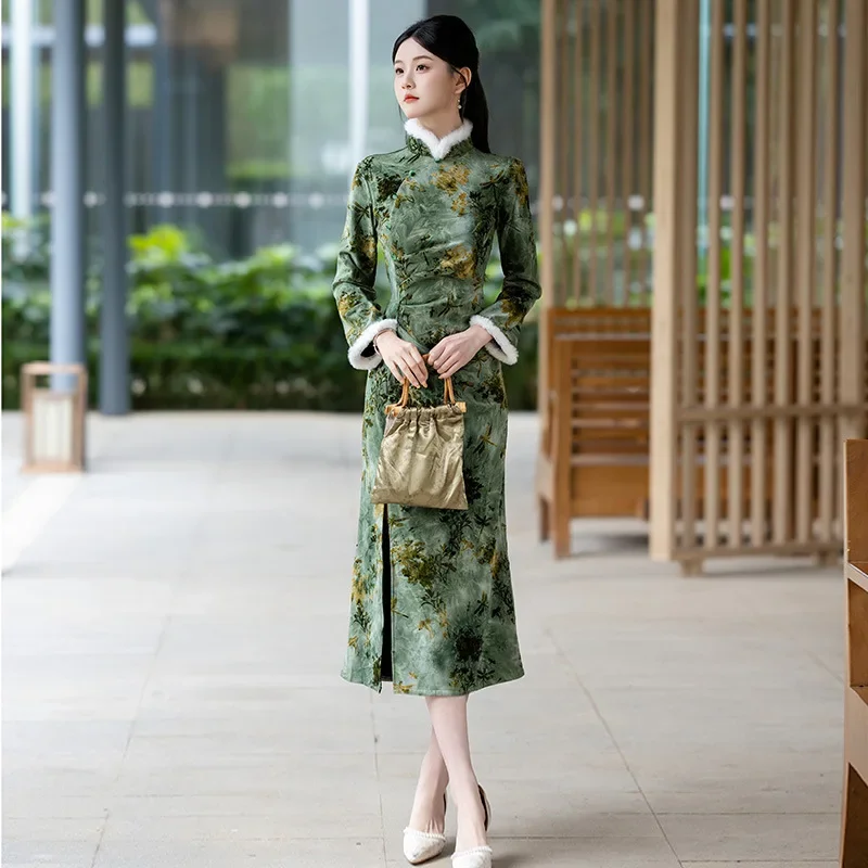

Зимнее плотное китайское платье в новом китайском стиле, улучшенное Cheongsam для молодых женщин, облегающее платье в стиле ретро с длинными рукавами, платье Qipao