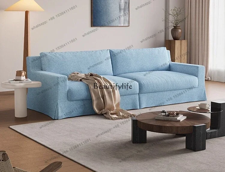 

Cream style skirt fabric sofa simple removable and washable denim straight sofa