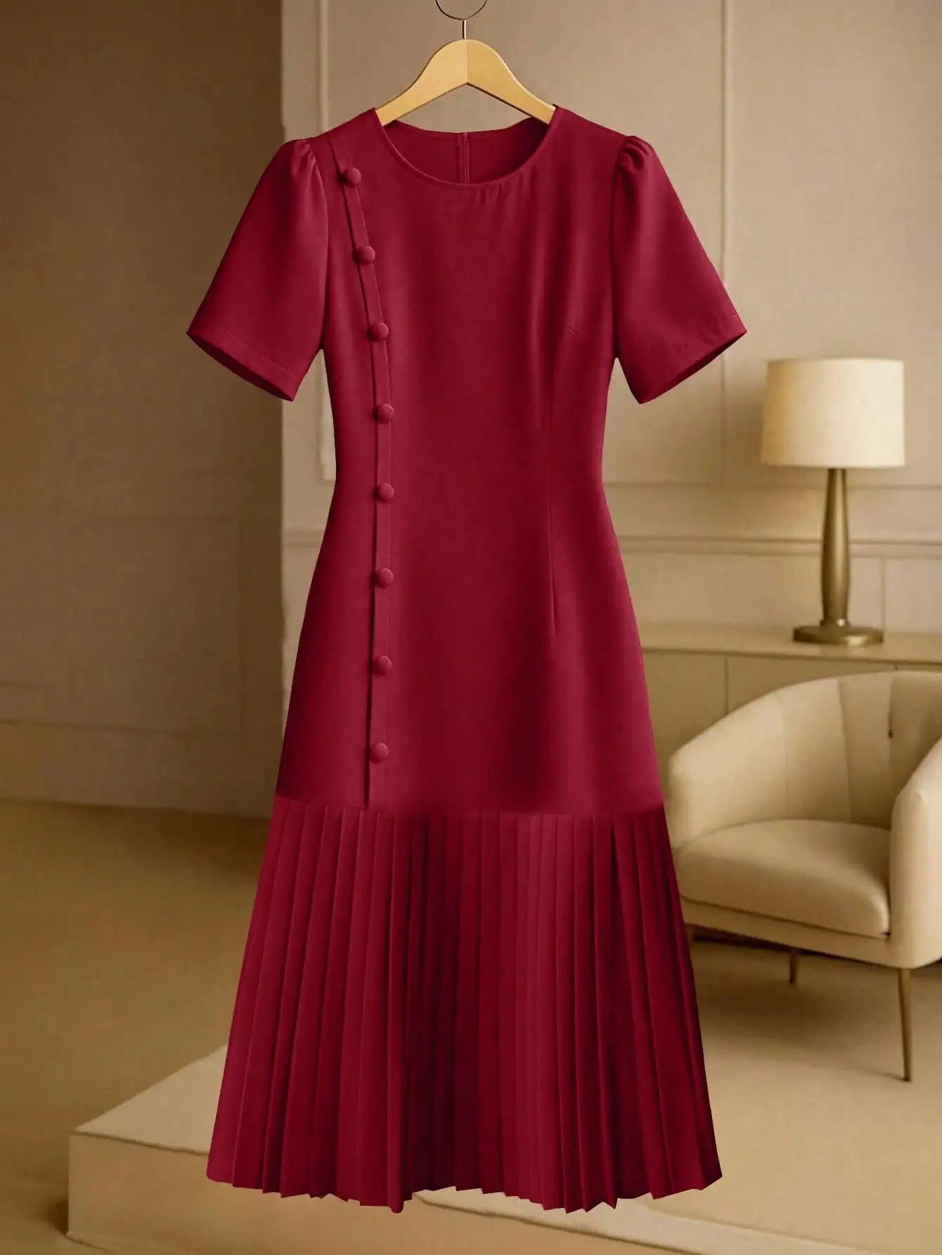 Curved Silhouette Plus Size Women’s Solid Burgundy Dress With Pleated Skirt And Button Detail