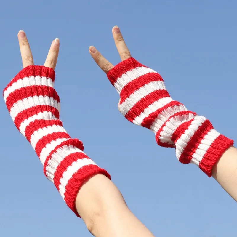 Women's Knitted Fingerless Arm Sleeves Gothic Style Striped Winter Long Arm Warmers Girls Harajuku Y2K Fashion Wrist Gloves