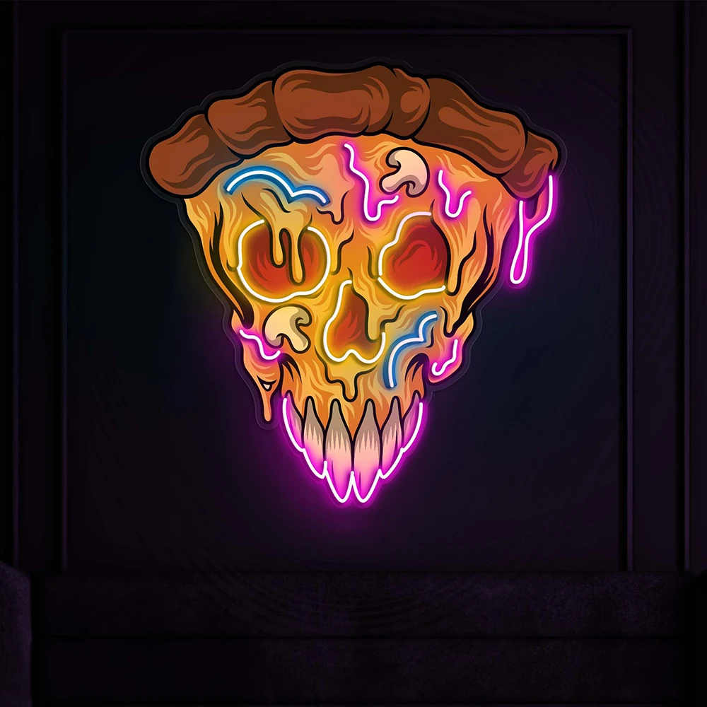 Skull Pizza Slice LED Light Pizza Shop Fast Food Store Wall Decor Custom Neon Signs Restaurant Kitchen Wall Art Decorations