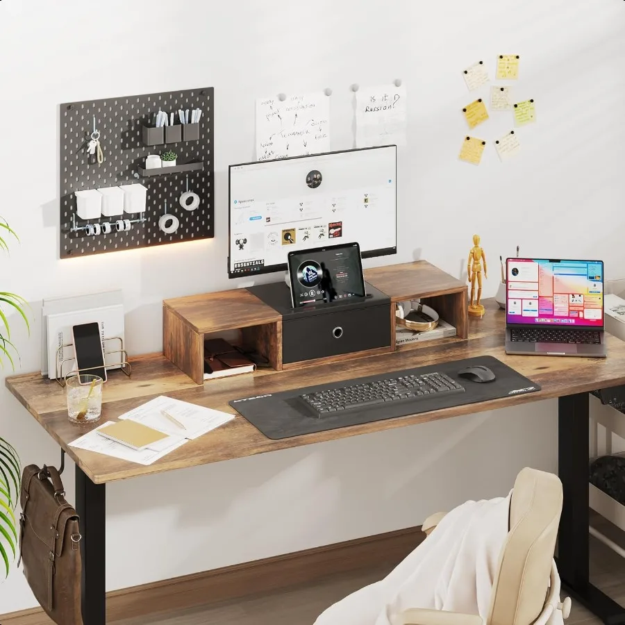 Monitorständer-Riser mit Aufbewahrungsschublade, 25-Zoll-Computermonitorständer mit Tablet und Handyhaltern, Holz-Desktop-Organizer