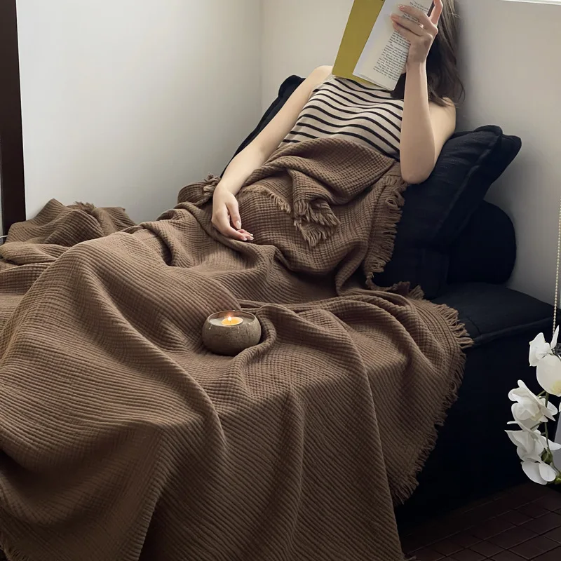 Maillard Style Four-layer Ruffled Fringe Cotton Leisure Blanket Brown Plush Picnic Blanket Sofa Office Car Throw Blanket for Bed