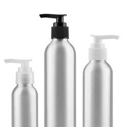 1oz 2oz 8oz 30/50/60/100ml/150/200nl/250ml Empty Round Aluminum , Sliver Metal Bottle With Black/White Twist Lotion Pump