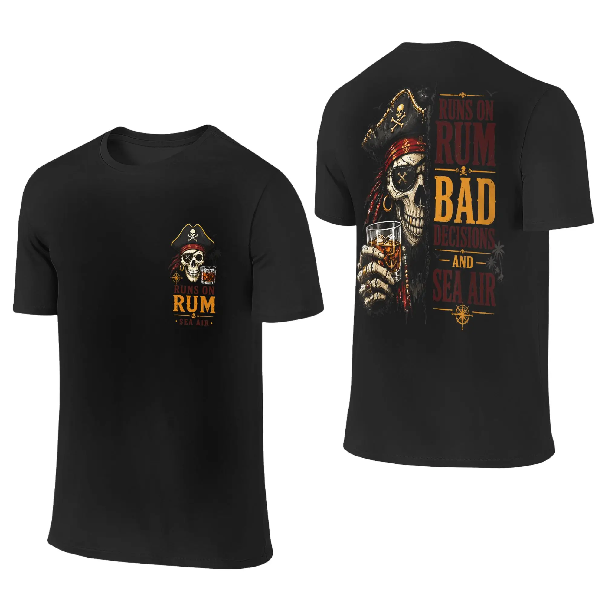 Man T Shirt Runs On Rum Bad Decisions and Sea Air Funny Pirate Skull T-Shirts Hip Hop  Summer Tee Shirt Y2K Cotton Clothing Gift
