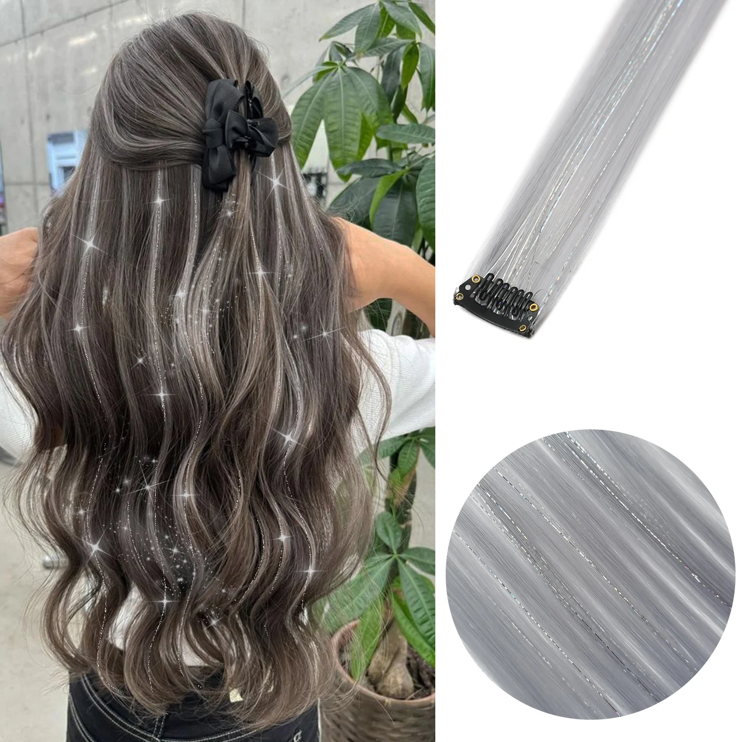 Clip in Colored Hair Extensions Mixed Silver Tinsels Synthetic Rainbow Hairpiece Holiday Party Highlights for Women Girls