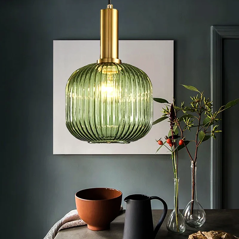 

DAMIASMIL Striped Glass Pendant Light Nordic Vintage Lantern Chandelier for Dining Room Kitchen Island Hanging Lamp Luster Decor