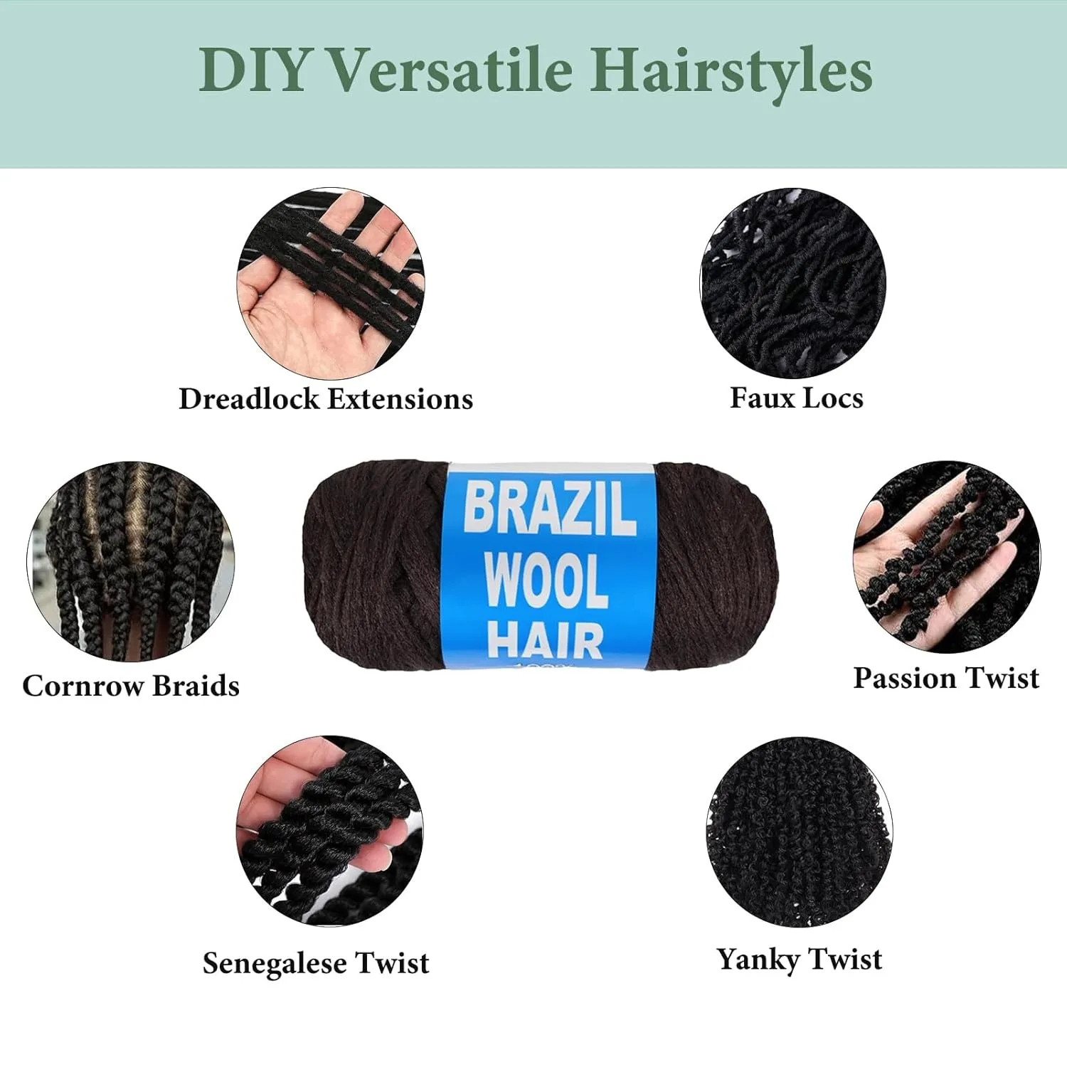 Extensiones de cabello de lana brasileña, hilo acrílico para trenzas africanas, giro senegalés, locs falsos, envolturas con gancho para el cabello de ganchillo