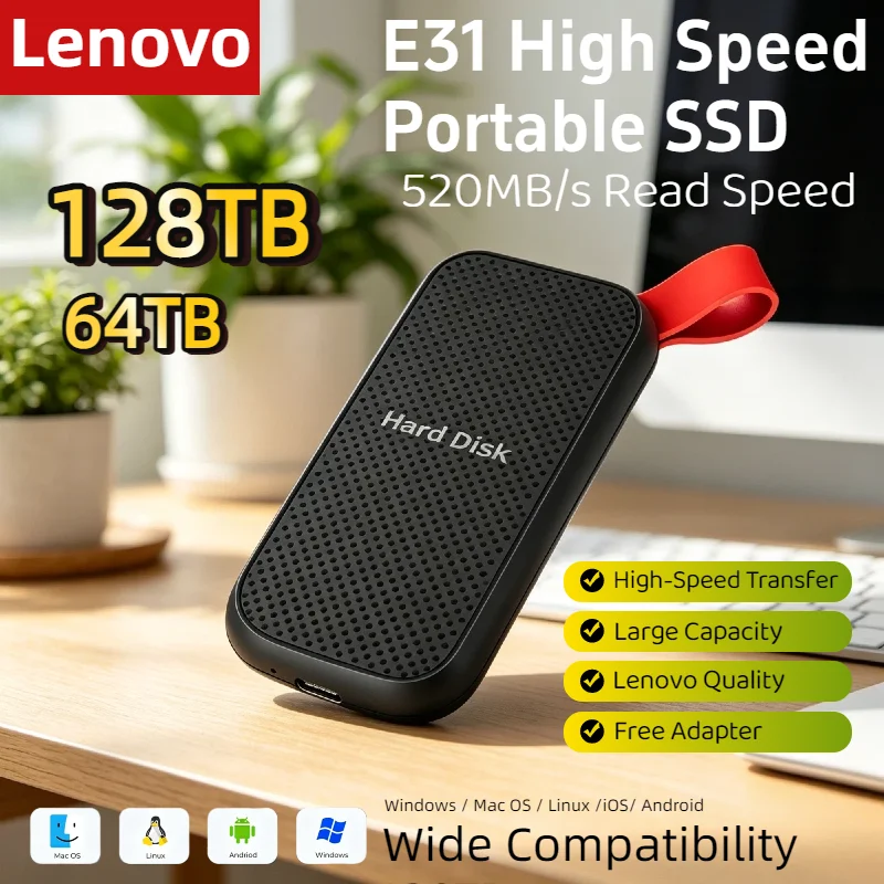 

Внешний SSD-накопитель Lenovo E31 1 ТБ/4 ТБ, портативный жесткий диск USB 3.1, высокоскоростное мобильное хранилище для ноутбуков, PS5, телефонов, игровых данных
