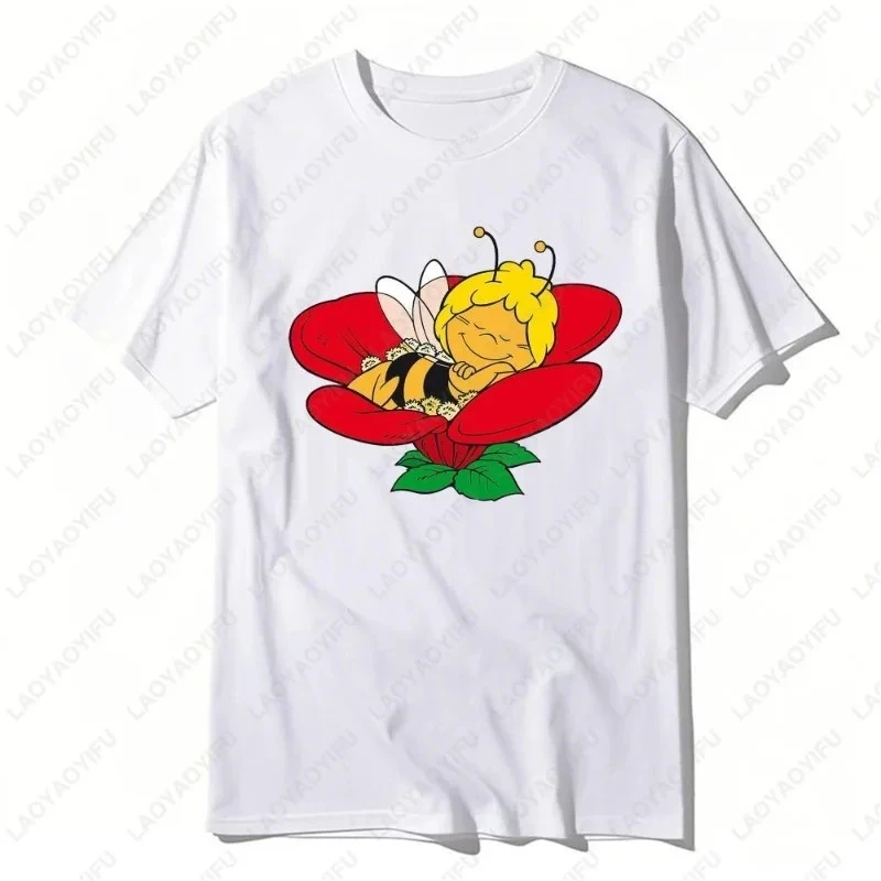 Camisetas Maya The Bee with Flowers Cute Graphic Print Tshirt Men Women All Match Tees Classics Character Cotton Tops Adult Gift
