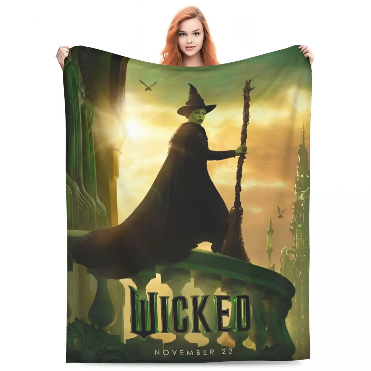 Wicked Elphaba & Glinda Tonal Flannel Blanket Musical Movie 2024 for Couch Bed Decorative Fashion Bedspread