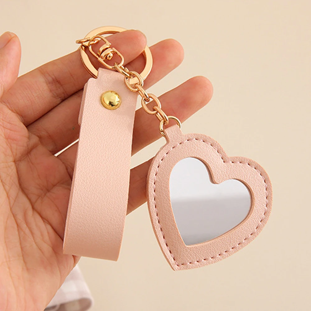 1pc Creative Heart-shaped Makeup Mirror Keychain Solid Color PU Leather Love Heart Keyring for Women Girls Bag Pendant