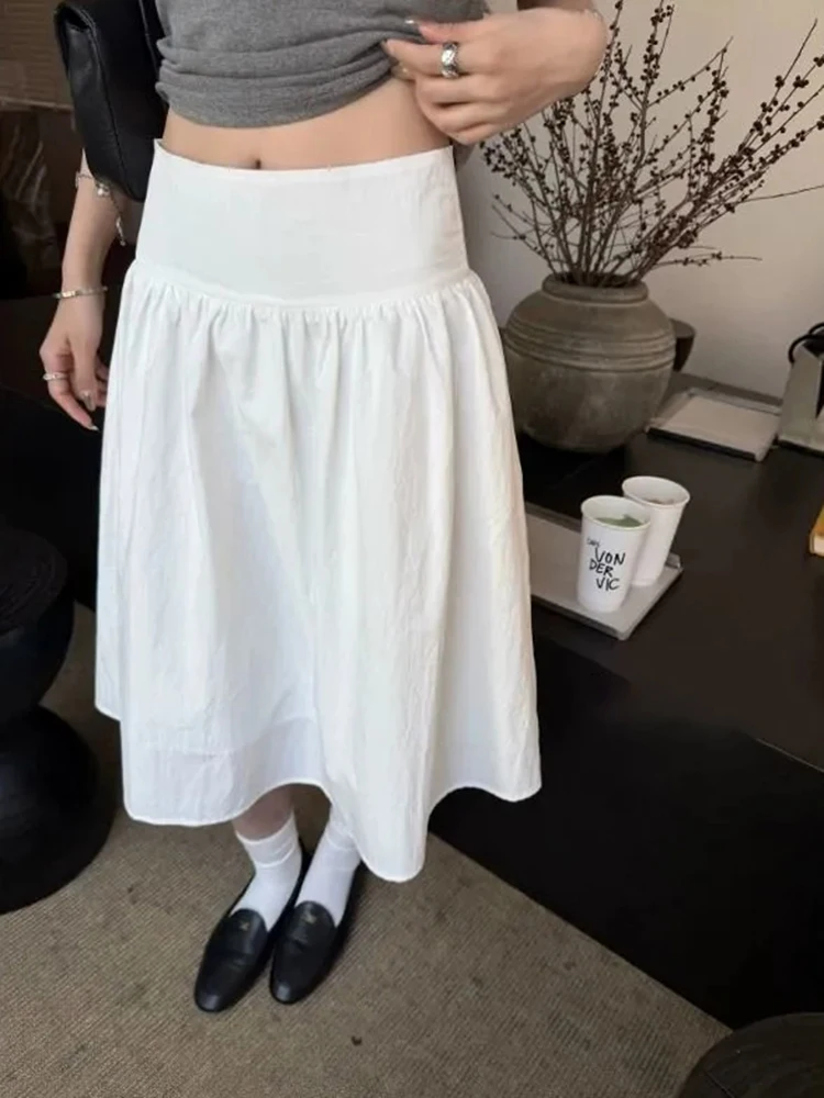 Preppy Casual Midi Skirt Women Summer Sweet A Line Beach Vacation Skirts Fashion Student Loose Simple High Waist Female Skirts