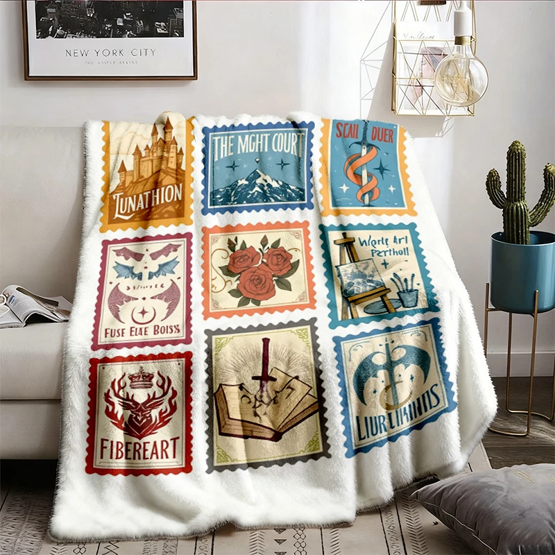 SJM Books Stamp Flannel Blanket, ACOTAR tog Crescent City Flannel Throw For Bookish Fan, SJM Postage Stamp Cozy Blanket