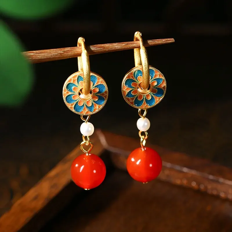 

Red Real Jade Bead Earrings Amulet Women Gift Carved Vintage Flower Natural Jewelry Accessories 18K Gold Plated Charm Stone