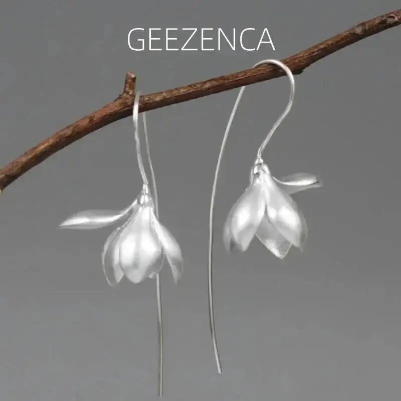 GEEZENCA 925 Sterling Silver 3D Magnolia Flower Dangle Earrings For Women Aesthetic Plant Elegant Chic Earring New Party Gift