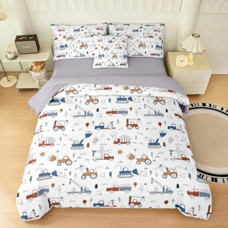 

6 Pcs Construction Comforter Set Cartoon Truck Cars Excavator Tractor Bedding Set for Boys Toddler Soft Microfiber Bed in a Bag