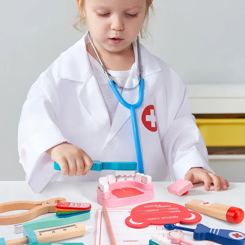 Madeira Pretend Play Acessórios de Enfermagem para Crianças, Doctor Role Play, Brinquedos Educativos, Estetoscópios Médicos, Presentes