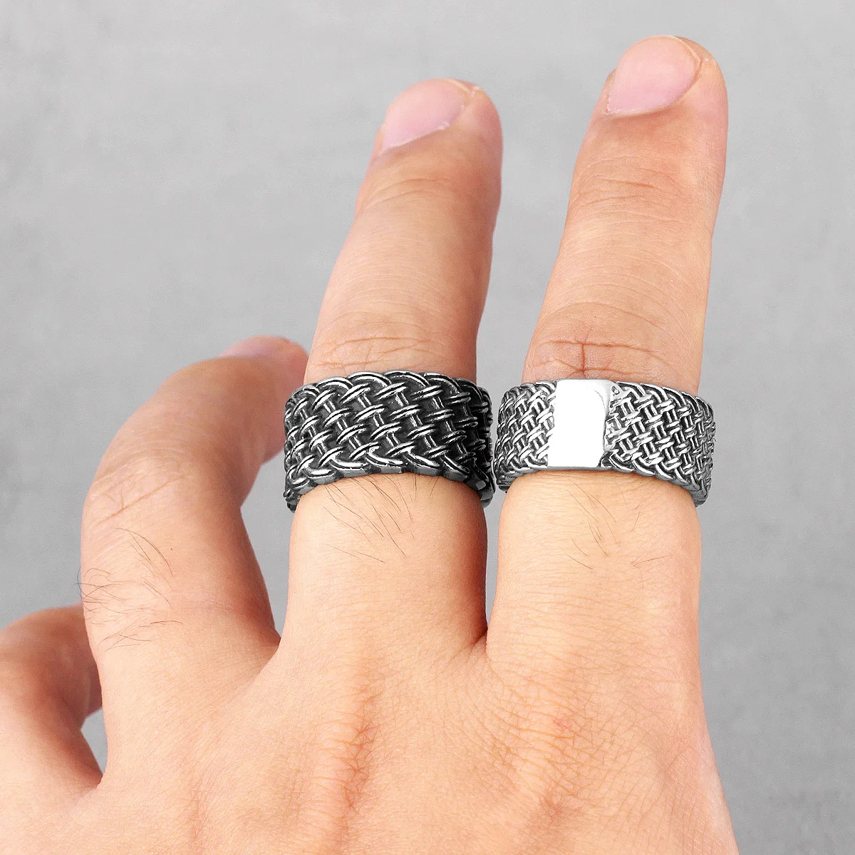 Grid Weave Ring 316L Stainless Steel Retro Industrial Style Mens Texture Rings Simple for Male Boyfriend Biker Jewelry Best Gift