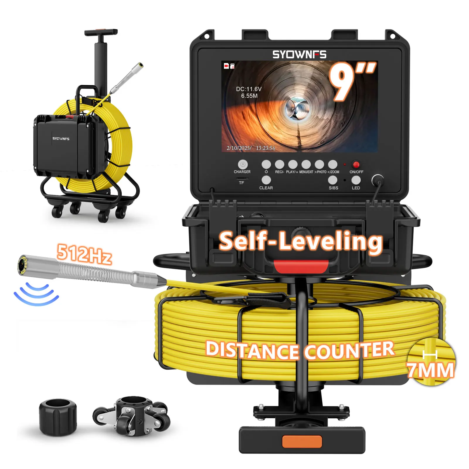 Sewer Pipe Camera 512Hz Self-Leveling Distance Counter Borescope Pipe Inspection Camera with Pull Rod,9