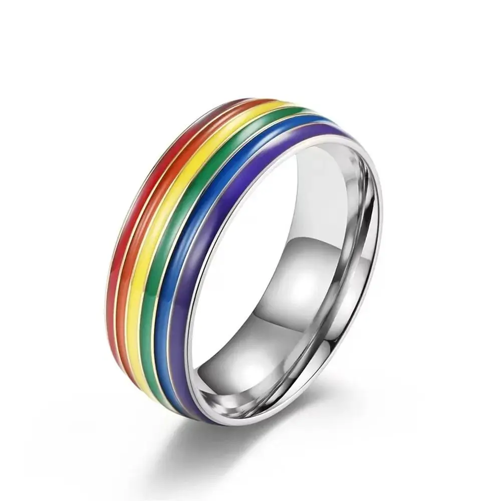 Stainless Steel Multicolour Rainbow Rings Enamel Rainbow Stripe Unisex Couple Rings Wide Flat Comfort fit Finger Knuckle Bands