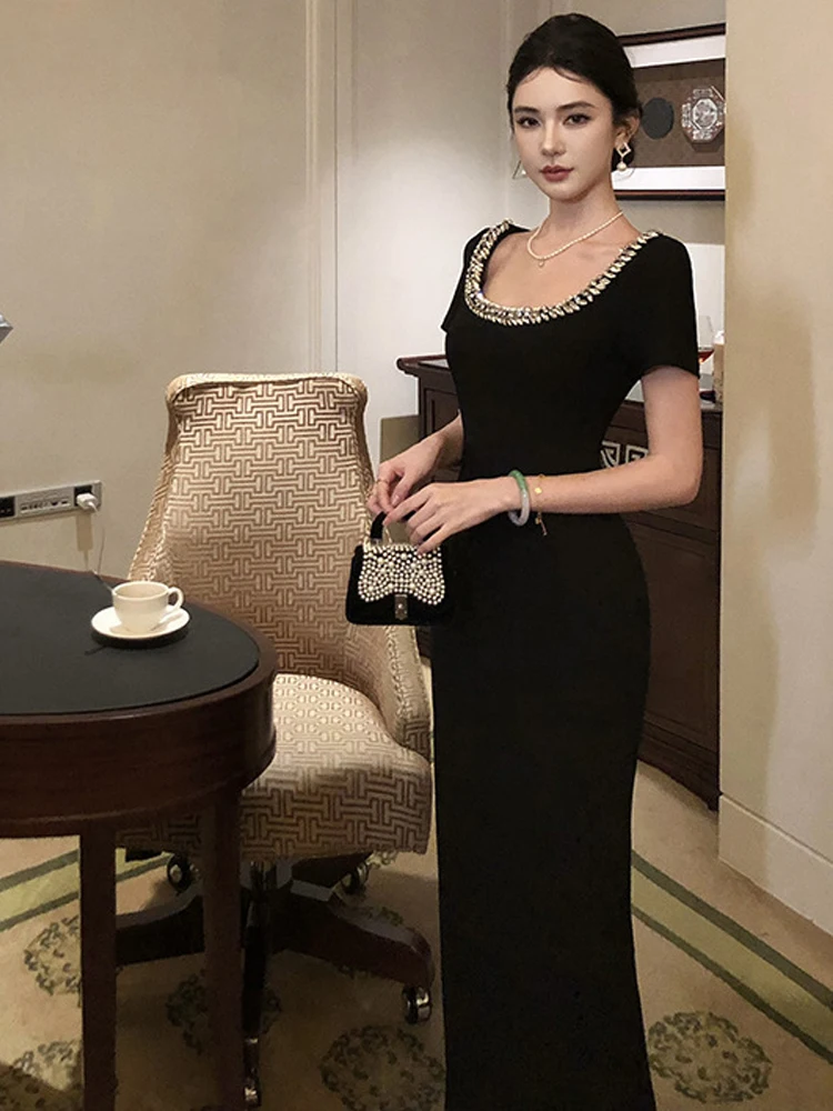 Vestidos de noche dulces Vintage para mujer, Vestidos elegantes Retro negros de corte bajo, bata ceñida con cola de pez para fiesta de graduación y fecha