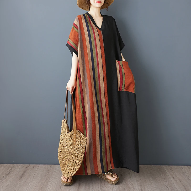 Slimming Summer New Style Thin Cotton Linen Long V-neck Short Sleeve Color Block Black Long Dress for plus Size Women