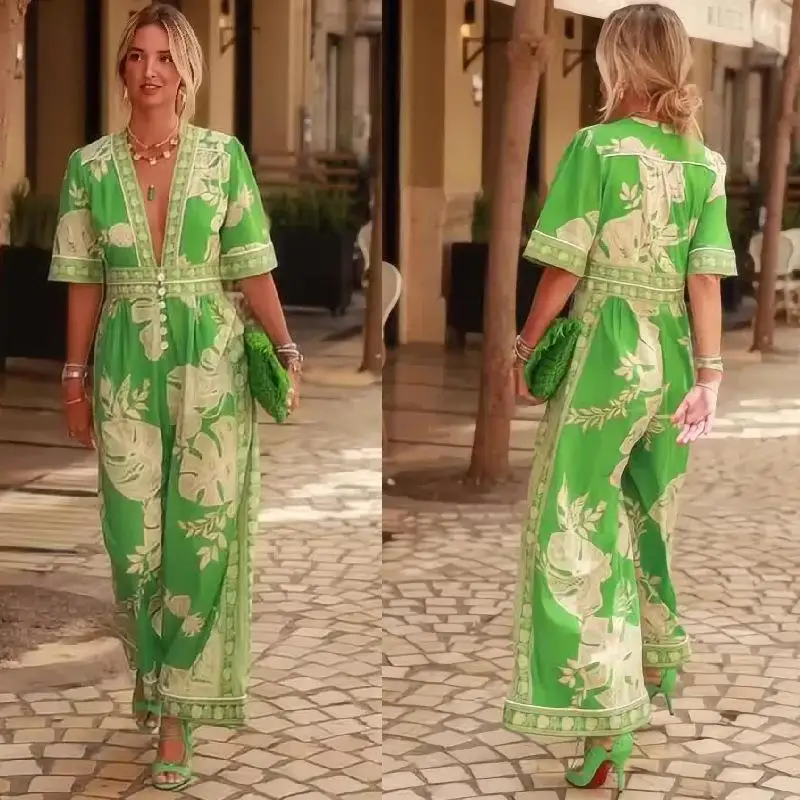 

Women's Printed Collar ort Sved Jumpsuit High Waist Straight Leg Long Pants Faionable And Sli Ladies' One-Piece Suit