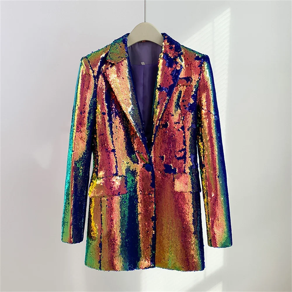 Robe blazer à paillettes pour femme, bouton unique, col à revers, paillettes, bleu, mode colorée, longue veste de club de fête, nouveau