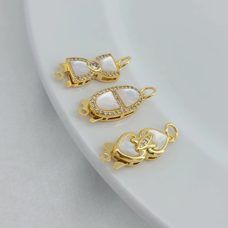 1 Piece of Gold-plated Copper Inlaid Zircon Shell Bow Tie Heart Single Row Clasp DIY Pearl Bracelet Necklace End Connector