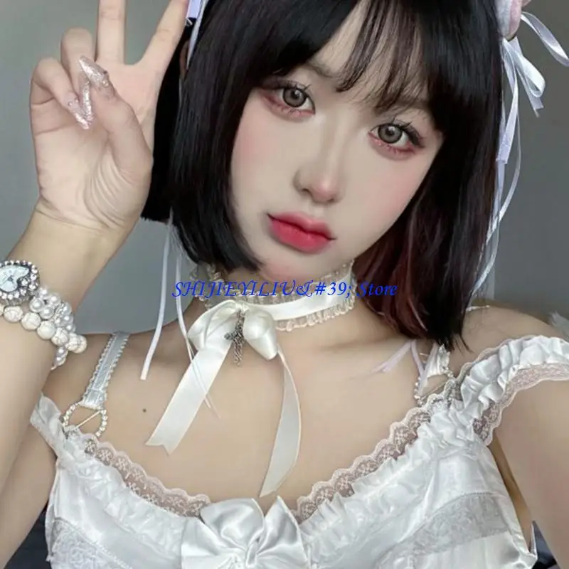 

E21F женское кружевное колье с рюшами, ожерелье с милым бантом и крестами, кулон с воротником, галстуки