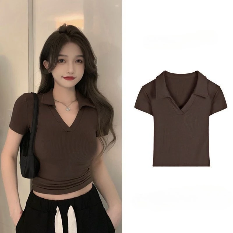 Polo Golf Shirt V-Neck Short Sleeve T-Shirt Women's Summer Harajuku Design Y2K Slim-Fit Base Layer Cropped Top Straight Shoulder