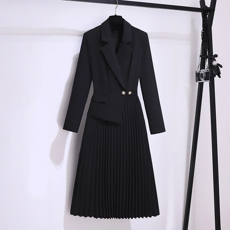 Autumn and Winter Work Office Business Black Dress Women's Suit Collar Waist Elegance Temperament Fake Two Pleated Skirts