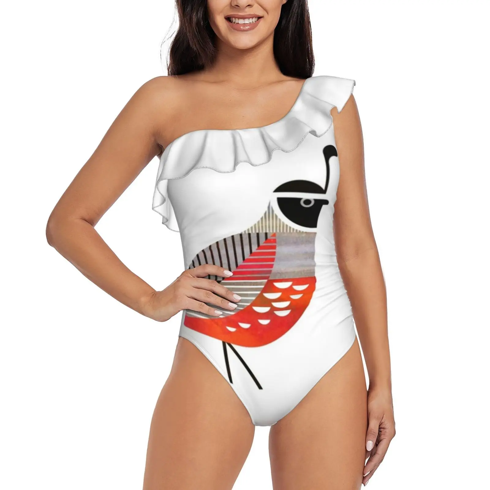 

California Quail One Shoulder Ruffle Swimsuit One Piece Print Swimwear Women Bathing Suit Monokini Scottpartridgeart Scott