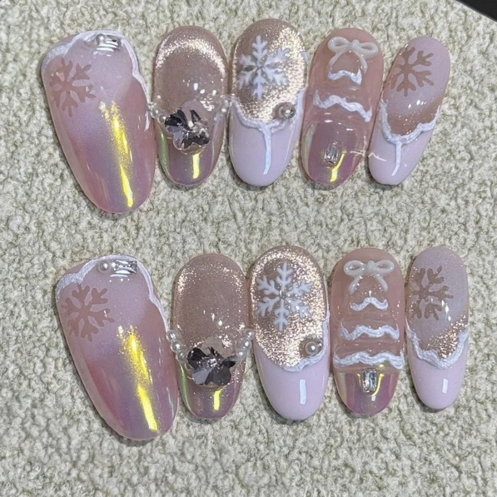 10st Cat's Eye ovale handgemaakte kunstnagels kunst draagbaar volledige dekking roze zoete nagels tips strass schattige Franse amandel manicure