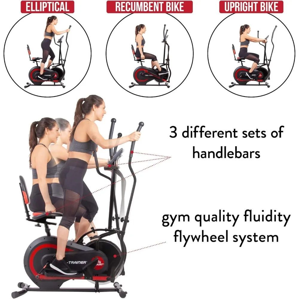 Máquina de ejercicio 3 en 1 patentada de 2. ª generación, elíptica con cojín para el respaldo del asiento, ciclismo vertical y modos de bicicleta reclinables