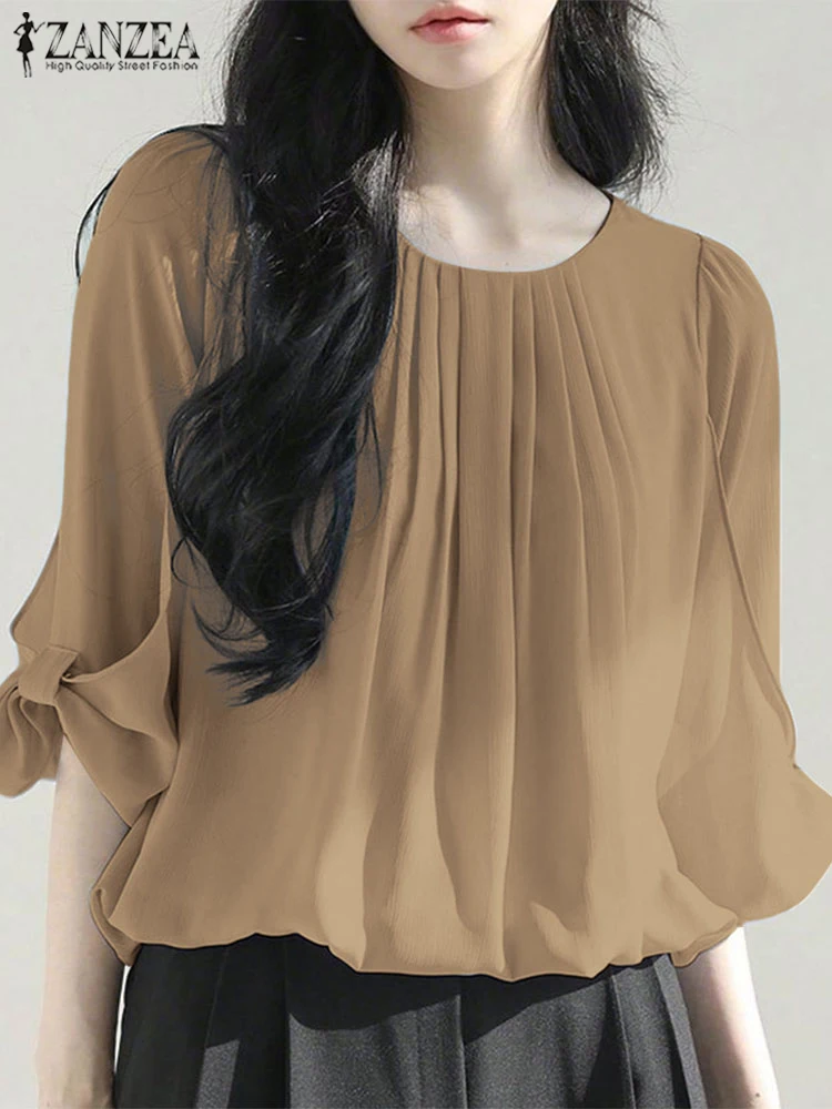 ZANZEA เสื้อฤดูร้อนแฟชั่นเสื้อชีฟอง 2025 Elegant Office Lady Tops 3/4 พัฟแขนเสื้อสีทึบเสื้อจีบหวาน Blusas