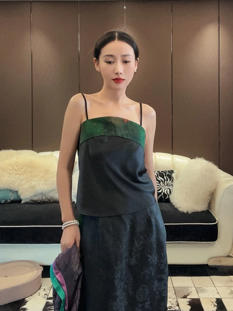 

Silk adient Color Adjusent Women's Tank Top Strap Vest New Chinese Sle Patchwork Underarm K4097 Commute Spring Regular