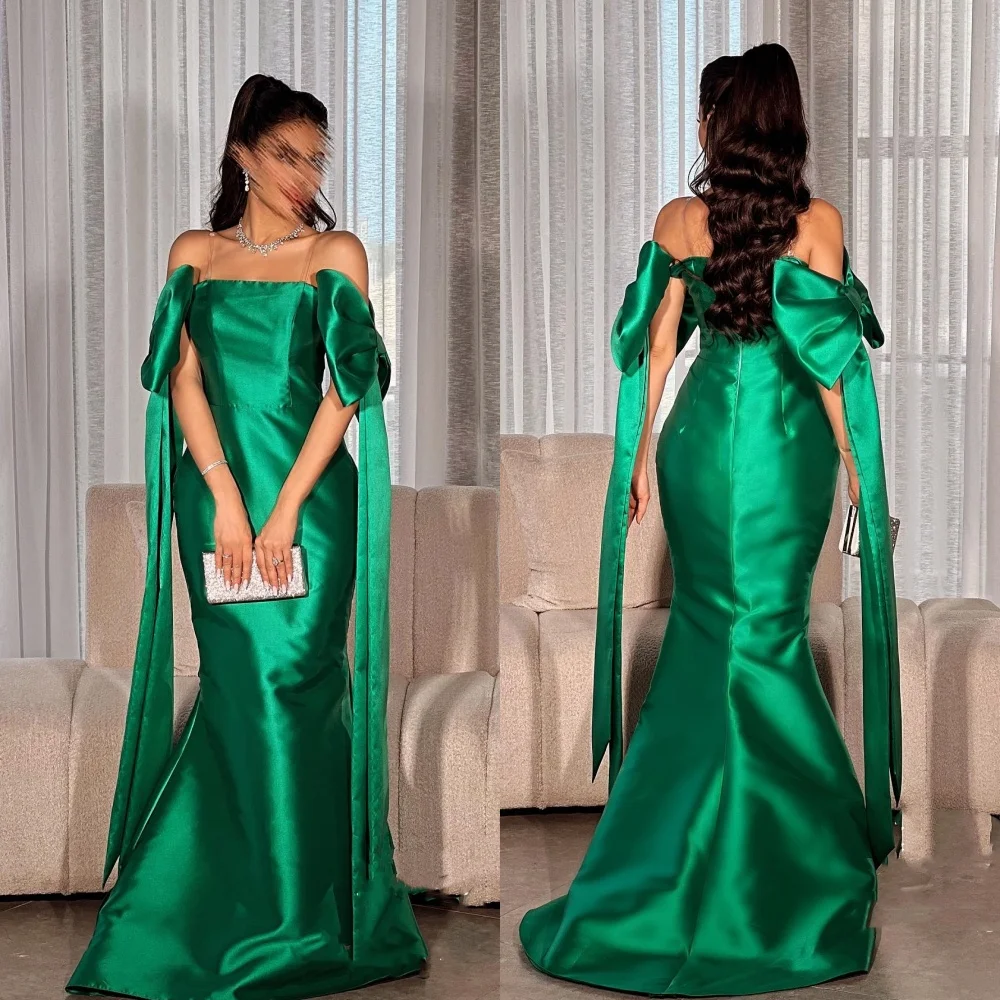 Satin Bow Ruched Homecoming Mermaid Strapless Bespoke Occasion Gown Long Dresses