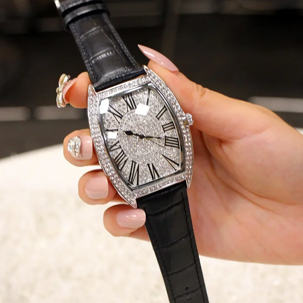 Mobangtuo Men Quartz Watch Reloj Classic Tonneau Dial Diamond Inlay Hip Hop Man Watches Male Luxury Genuine Leather Wristwatch